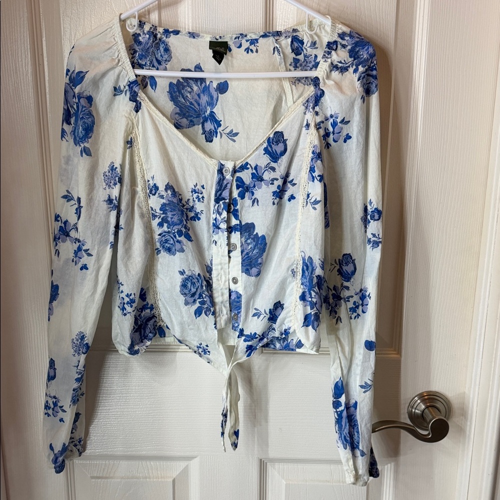 wild fable White Blouse with Blue Floral Print and Tie-Waist